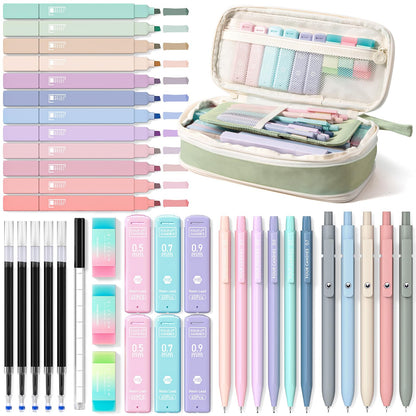 Four Candies 39 PCS Aesthetic Stationery Set with Cute Pen Case, College Supplies and Nursing Student Essentials, 12 Pastel Highlighters, 5 Black Gel Pens, 6 Mechanical Pencils, Green