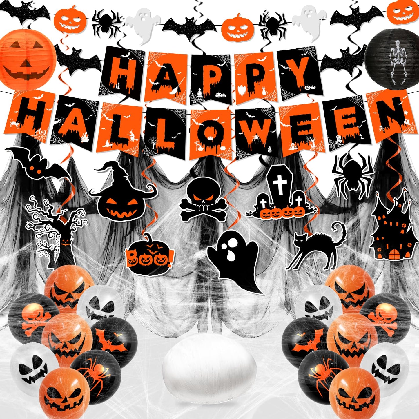 Halloween Decorations,Orange and Black Halloween Party Decorations Hanging Swirls,Ghost and Bat Spider Banner,Creepy Cloth, Balloon for Spooky halloween Decor Set