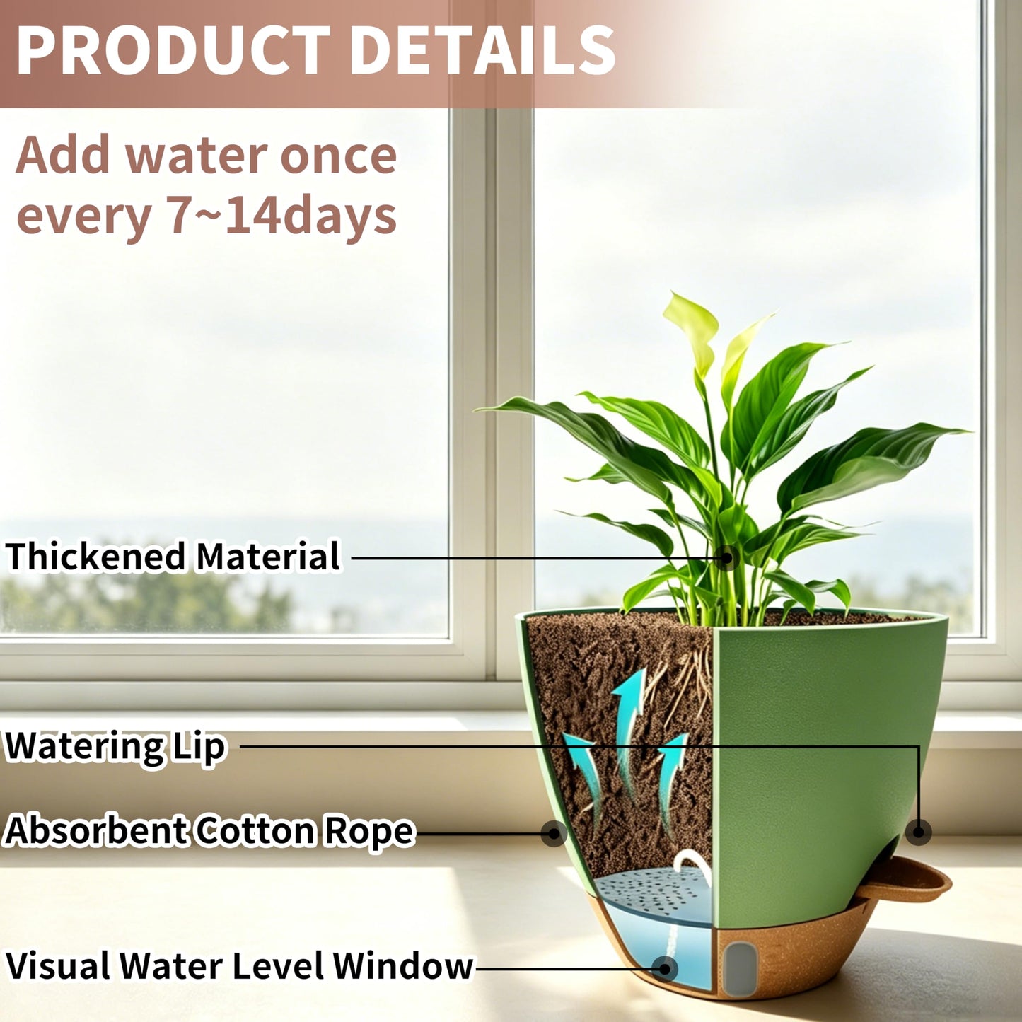 MNKXL 12"/10"/9"/8" Self Watering Pots with Visual Water Window,Extra Large Self Watering Plant Pots with Drainage Holes & Saucers,Green Planters for Indoor Plants,4-Pack