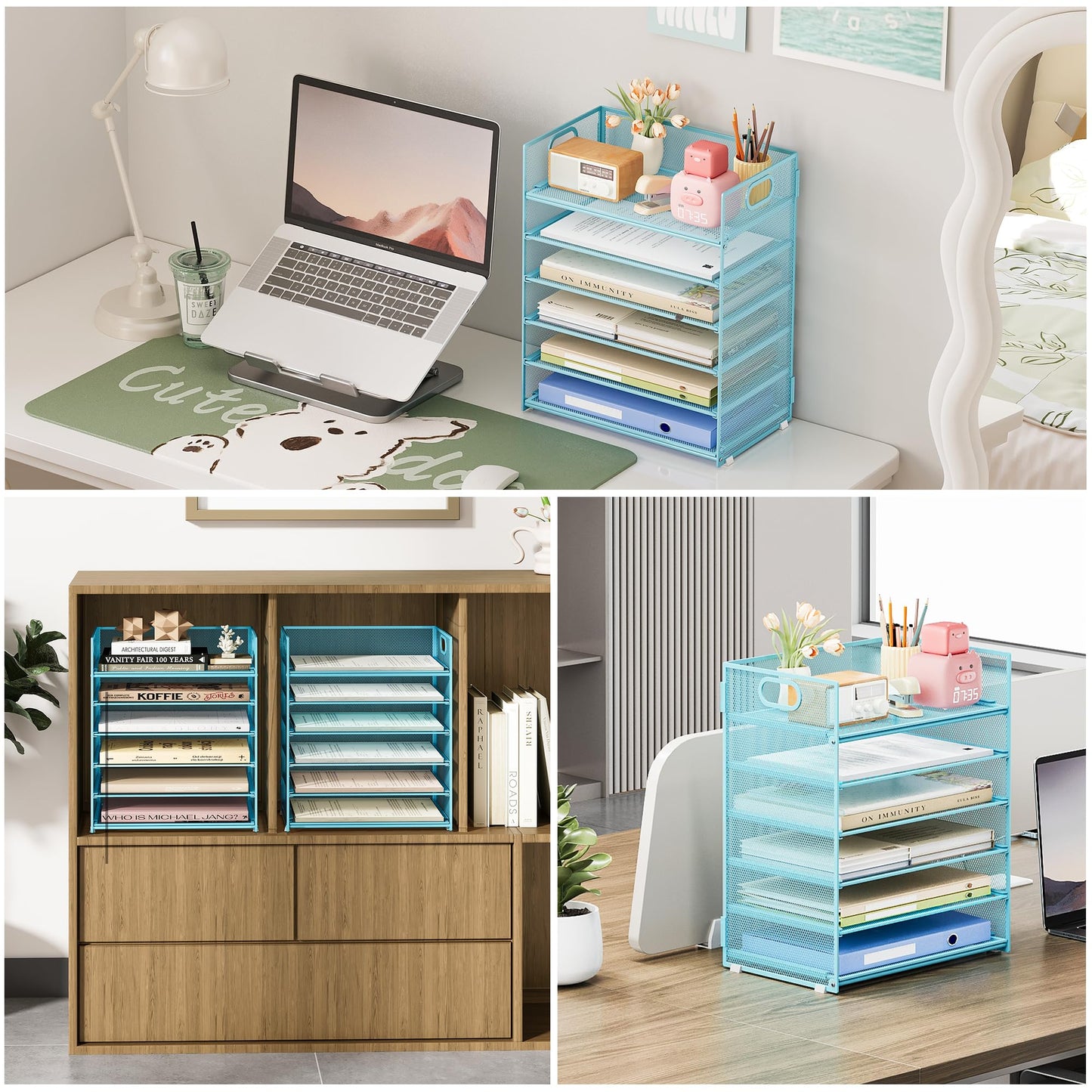 Subekyu 6 Tier Office File Paper Desk Tray Organizer with Handle, Stackable Slide Mesh Letter Tray Folder Blue Desk Organizer, Desktop Document Sorter for Classroom, Office, Home Supplies Storage