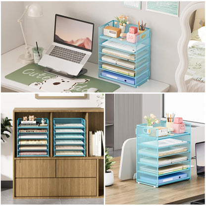Subekyu 6 Tier Office File Paper Desk Tray Organizer with Handle, Stackable Slide Mesh Letter Tray Folder Blue Desk Organizer, Desktop Document Sorter for Classroom, Office, Home Supplies Storage
