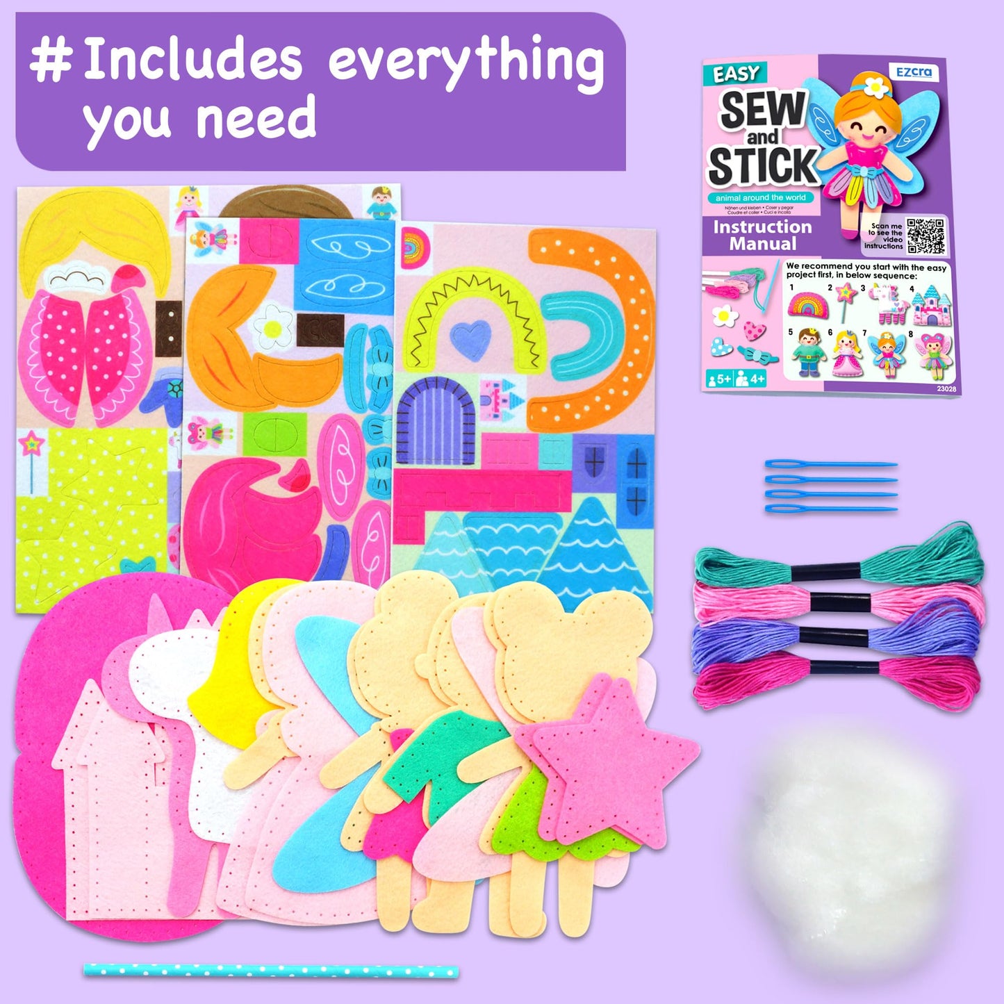 EZCRA Fairy Sewing Kit for Kids - 8-in-1 Kids Sewing Kit - Easy to Do Craft Kits for Ages 4-8 - Sewing Crafts - Extra Felt Stickers for Decoration - No Mess with Full Instructions