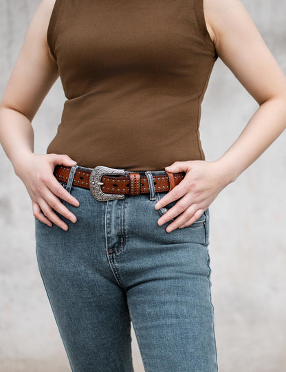 Womens Western Leather Belts 35mm Studded Belt with Vintage Silver Buckle