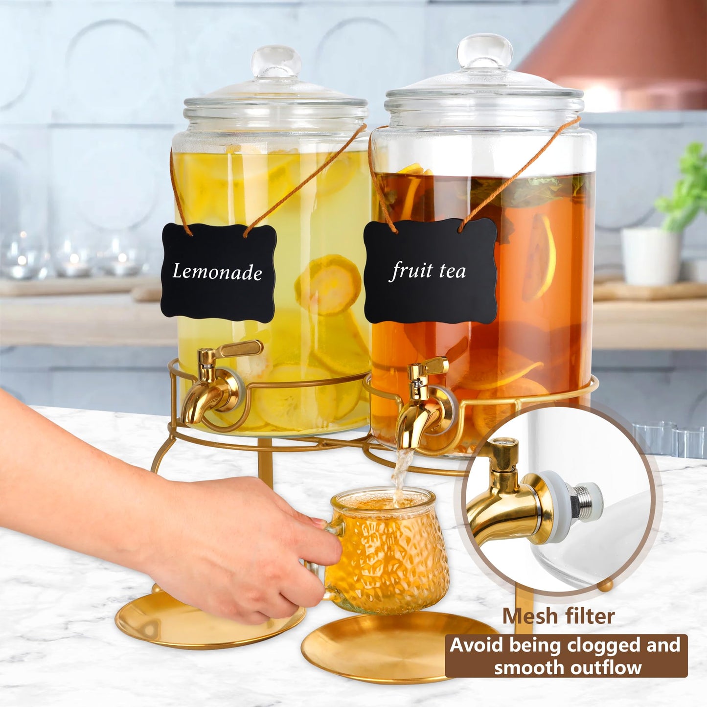 Drink Dispensers for Parties, 2 Pack 1 Gallon Beverage Dispenser with Stand, Drink Dispenser With Glass Lid, juice dispensers for parties