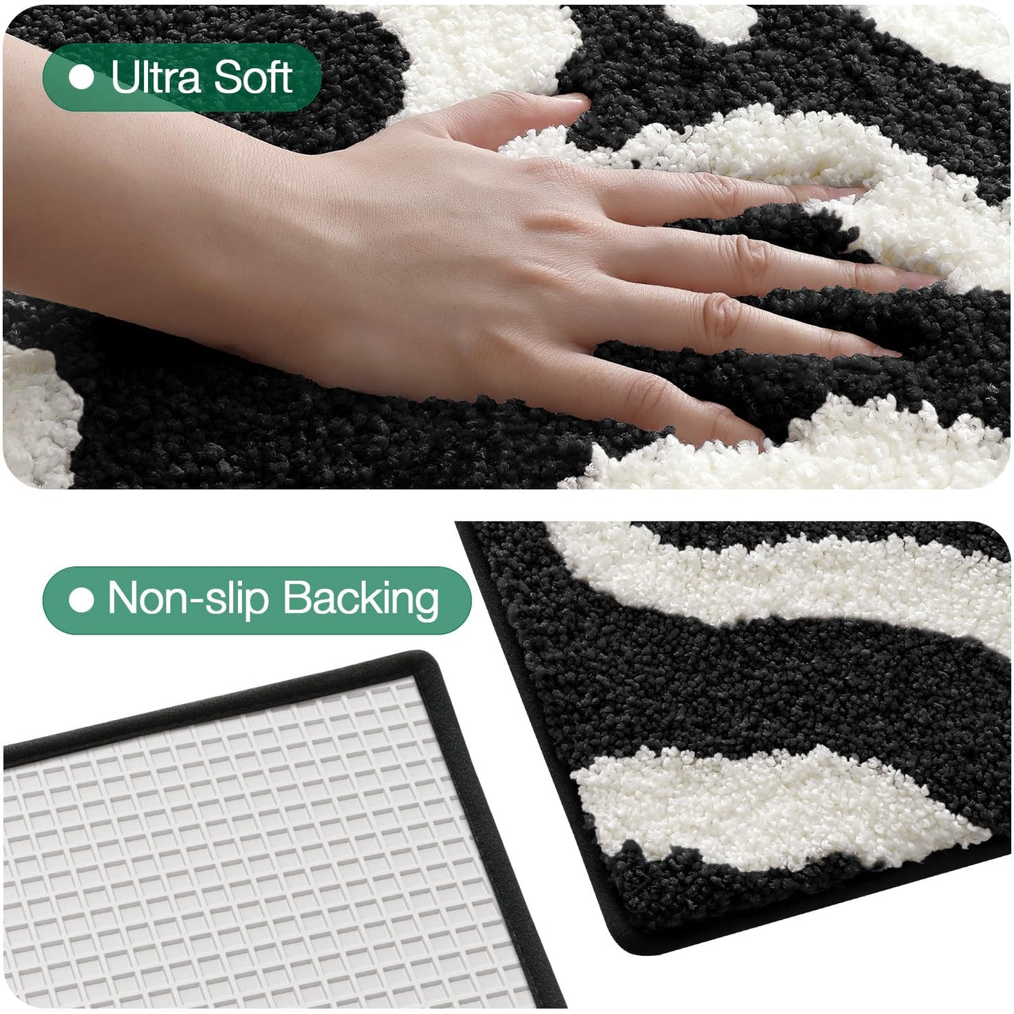LUMI Non Slip Bathroom Rug Modern Aesthetic, Ultra Soft Absorbent Washable Bath Mats, Quick Dry Premium Floor Rugs for Shower, Tub, Black and White, 24x36