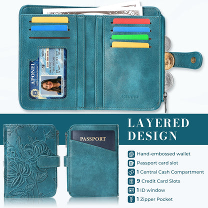 FORUWISH Small Wallet Women RFID Embossed Vegan Leather Credit Card Holder Wallet for Women Bifold with Zipper Coin ID Window Pocket
