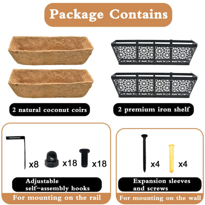 XXFBJNMD 2 Pack 24 Inch Window Boxes Planters with Coco Coir Liner Metal Hanging Flower Planter Window Basket Deck Railing Planter Boxes for Outdoor Indoor Lawn