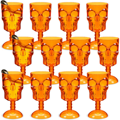 Bokon Set of 12 Halloween Cups Skull Goblets Gothic Party Table Decorations Plastic Wine Goblet Halloween Party Supplies Skeleton Themed Centerpiece(Orange)