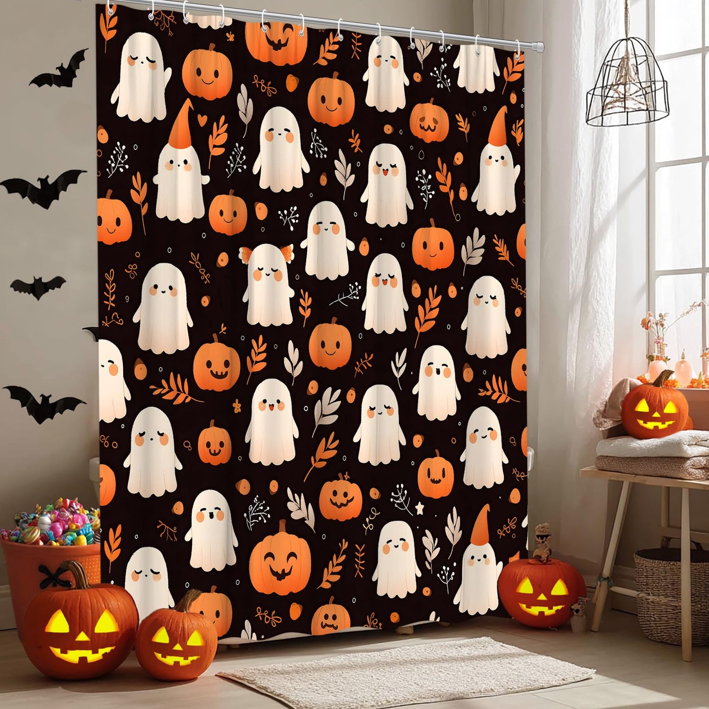 ASVEAS Halloween Ghost Cute Pumpkin Shower Curtain for Bathroom, 70x70 Inch