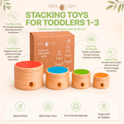Wooden Stacking Cups for Toddlers 1-3 – Montessori Baby Toy for Sorting, Nesting & Stacking, Natural Wood Learning Toy for Fine Motor Skills