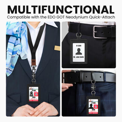 EDO GOT Black Genuine Leather ID Badge Holder for a Lanyard or Belt Loop, Premium ID Card Holder Multinational Design with Spring Ring Clasp, Elastic Back Card Pocket, ID Swipe Badge (Black)