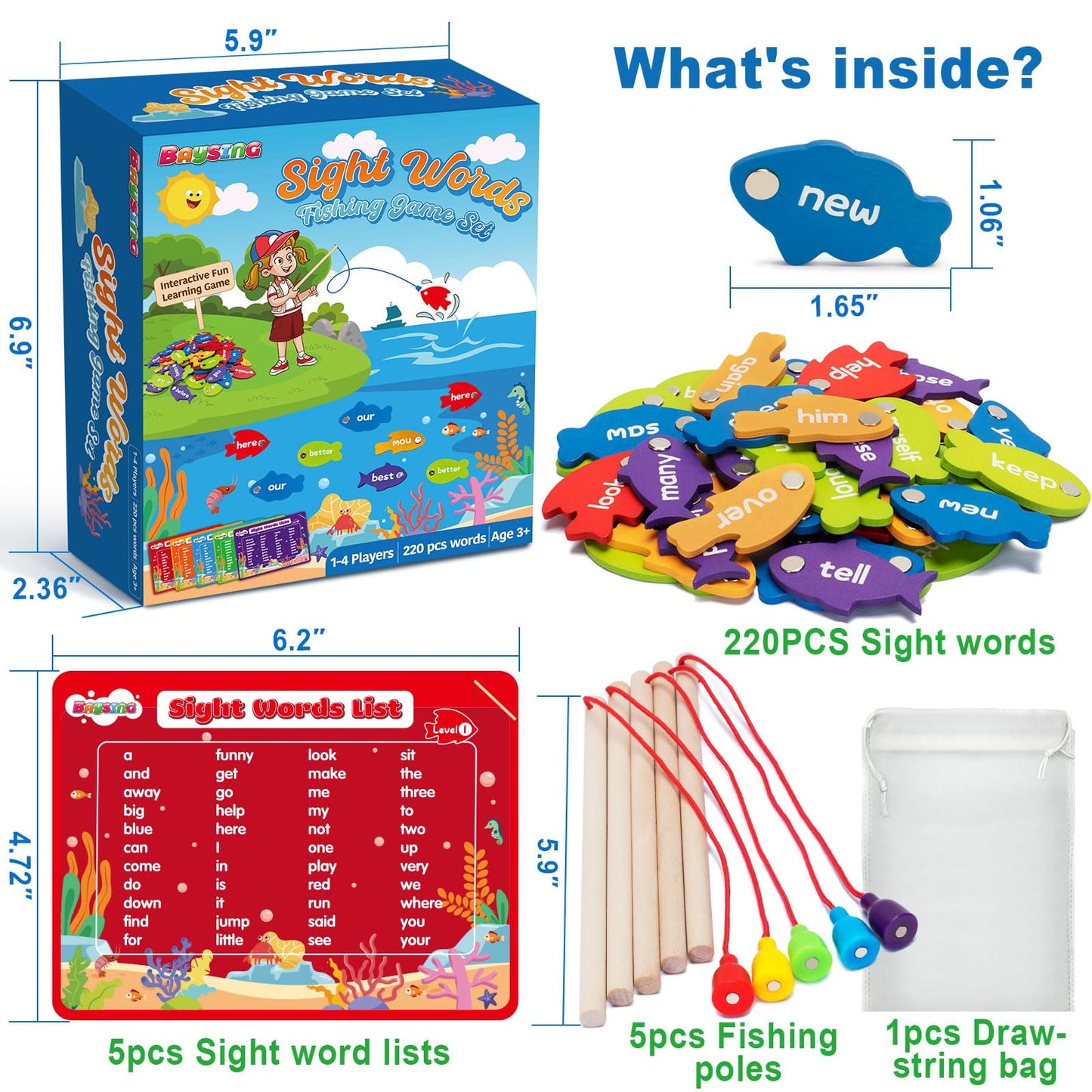 BAYSING Wooden Magnetic Sight Word Fishing Game for Toddlers, Alphabet Fish Catching Games Puzzle with Letters, Homeschool Sight Word Educational Toy for Age of 3,4,5,6 Year Old Kids, Boys & Girls
