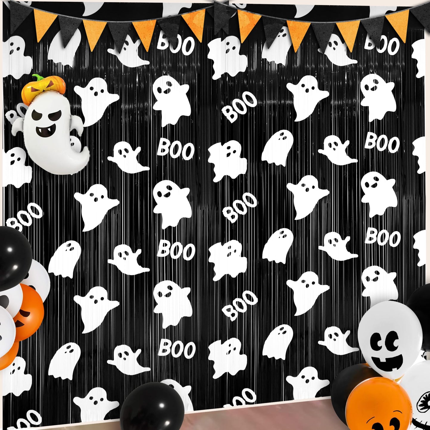 Augisteen 2 Packs Halloween Foil Fringe Curtains 3.3 x 6.6 Ft Black White Cute Ghost Photo Backdrop Streamers Boo Theme Tinsel Curtain Metallic Backdrop for Kids Birthday Babyshower Party Supplies