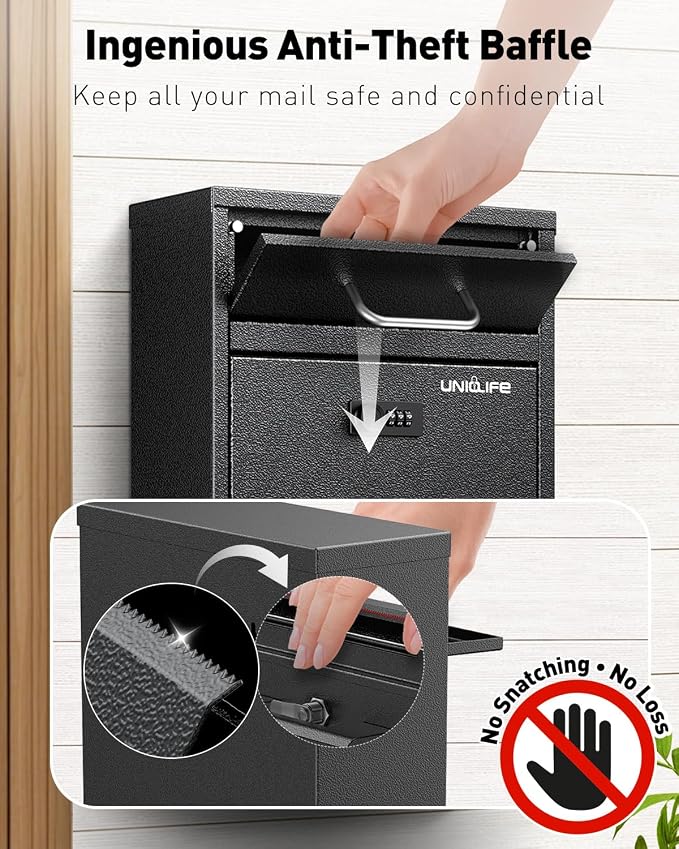 Uniclife Wall Mount Mailbox for Outside, Anti-Theft Heavy Duty Locking Mailbox, Large Mailbox with Combination Lock, Security Mail Box, Safe Key Drop Box, Post Box, Steel Cash Drop Box for Home, Black