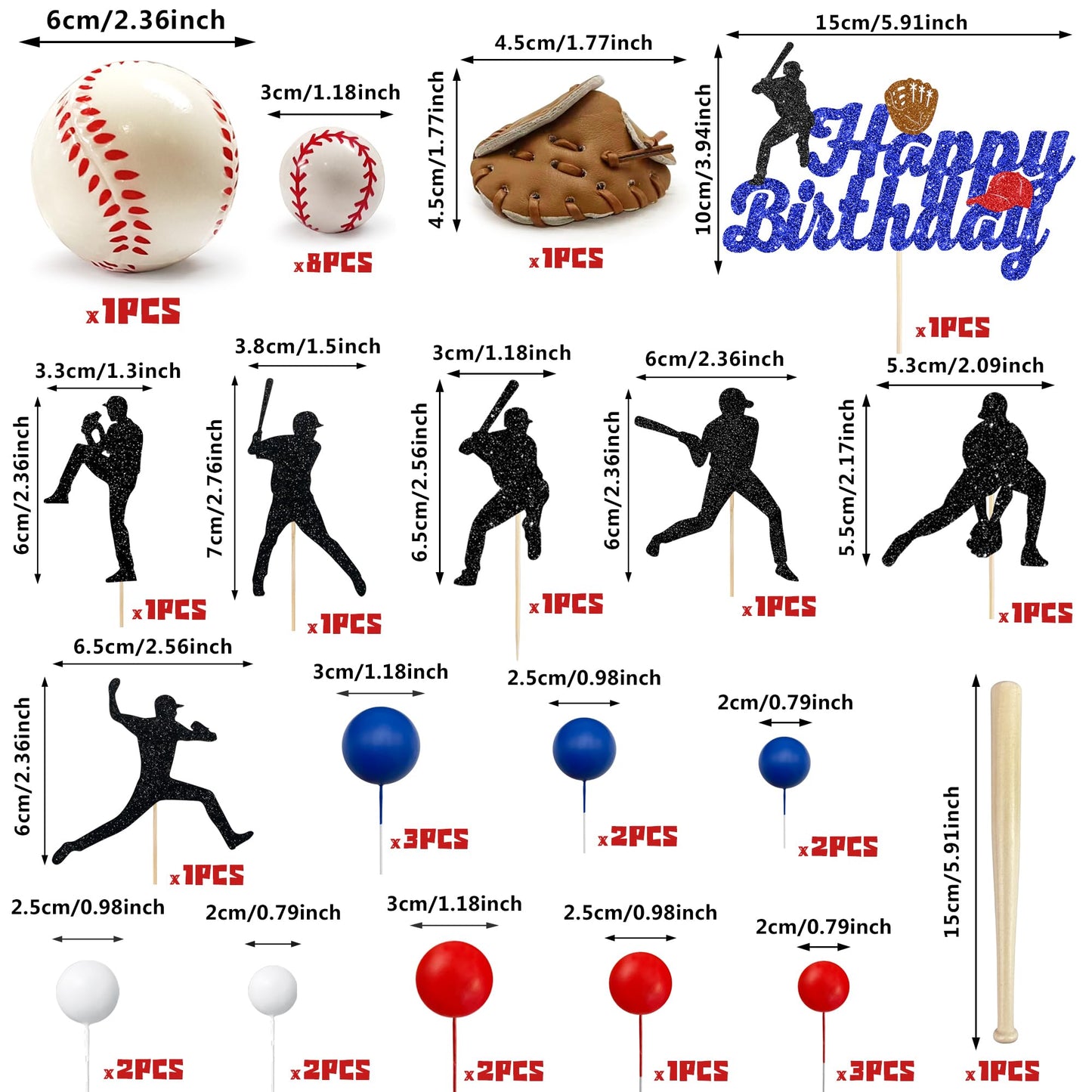 35 PCS Red Blue Baseball Cake Topper Decorations Balls Cupcake toppers Gloves Bats for Boys Sports Baseball Softball Theme Birthday Party Decorations