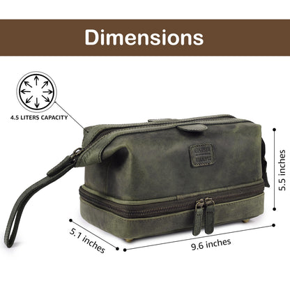 LEATHER VILLAGE Genuine Leather Dopp Kit – Large Travel Toiletry Bag with Waterproof Lining, Dual-Zip Design for Men & Women, Organizer for Shaving, Makeup & Essentials - Olive