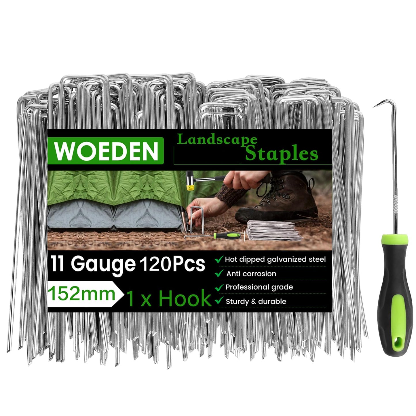 120 Pack 6 Inch Landscape Staples + 1 Hook 11 Gauge Heavy Duty Galvanized Garden Stakes, U-Shaped Ground Pins for Weed Barrier Fabric, Drip Irrigation Tubing, Sod, Lawn & Christmas Outdoor Decorations