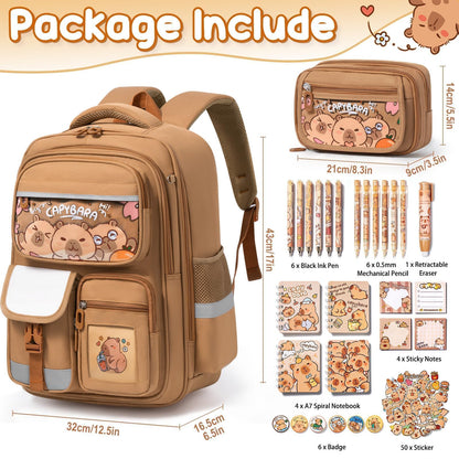 Fimibuke Capybara Backpack for School Girls, 30PCS Capybara Toddler School Supplies Stationery Set with Bookbag Pencil Case Pens Pencils Notebook for Back to School Kindergarten Elementary Student