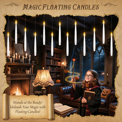 12 Pcs Floating Candles with Magic Wand Remote, Battery (included) Operated Hanging LED Candles Lasting for 200 H, Flameless Flickering Warm Light Taper Candle Set for Xmas Festival Theme Party Decor