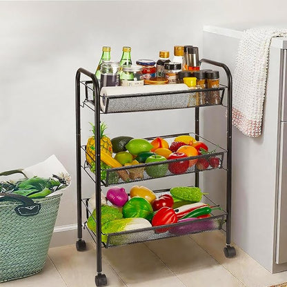 3 Tier Metal Rolling Cart with Wheels, Wire Bathroom Organizer Storage Shelves with Hooks, Utility Cart for Kitchen Laundry Room, Black