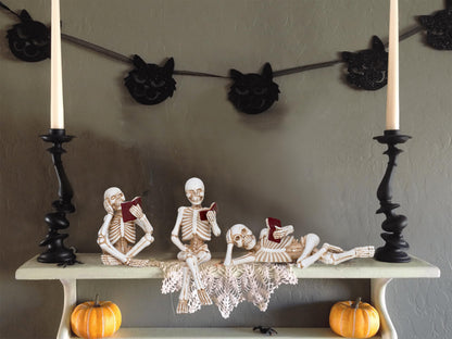 Dawbun 3 Piece Halloween Indoor Decor Figurines Sitting Skeleton Statue Halloween Decorations mini Reading Skull Figurine Home Decor for Living Room Table Shelf Ornament