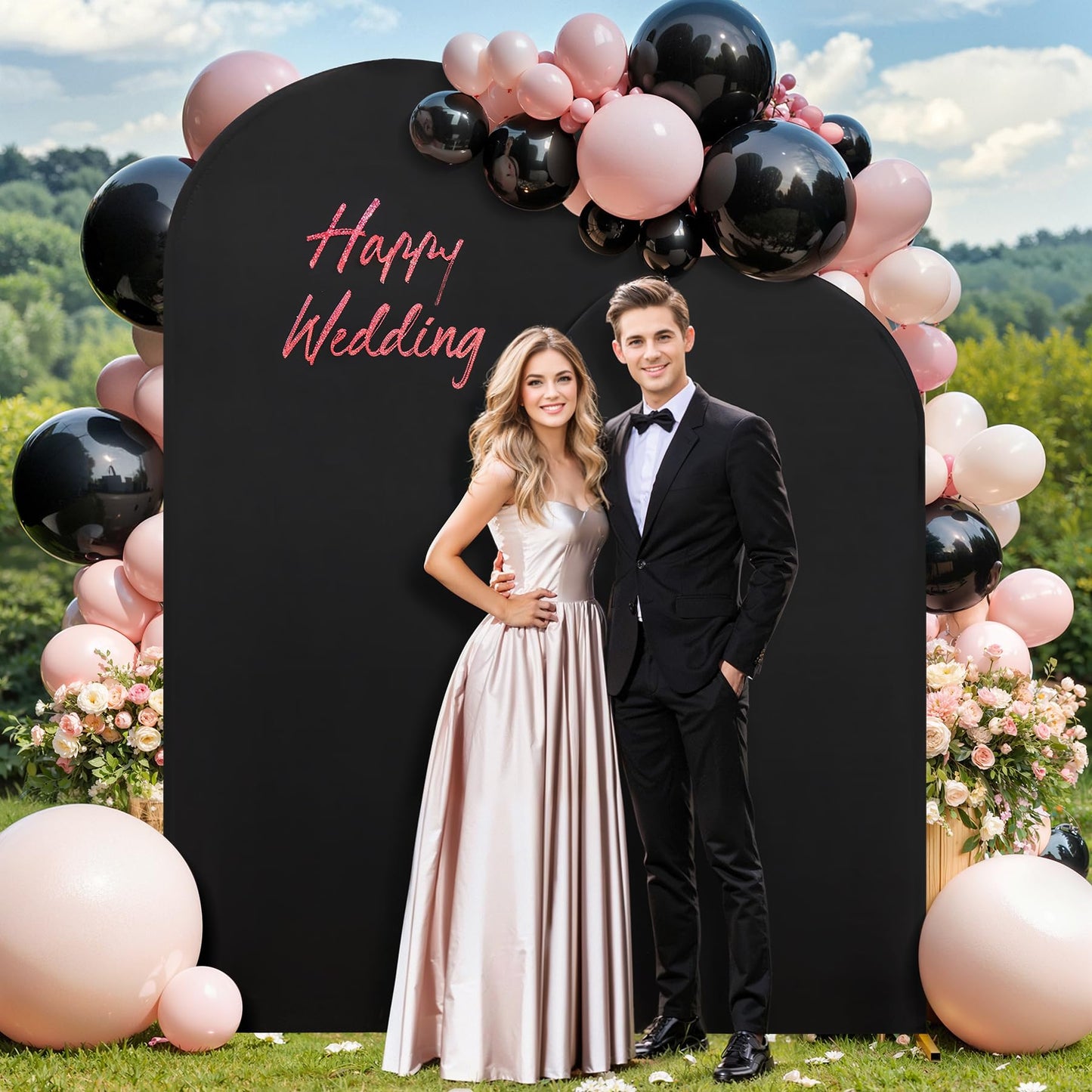 Set of 2 Black Halloween Arch Covers (7.2ft & 6ft) Spandex Stretchy Fitted Arch Backdrop Covers Wrinkle-Free Round Top Chiara Arch Stand Cover for Halloween Wedding Birthday Party Banquet Background