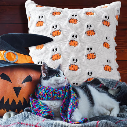 Huaerle Halloween Pillow Covers 18x18 Ghost Pumpkin Pattern Pillowcases Fall Throw Pillow Covers Set of 4 Double-Sided Halloween Pillow Covers Soft Plush Faux Wool Cushions for Home Patio Sofa Couch
