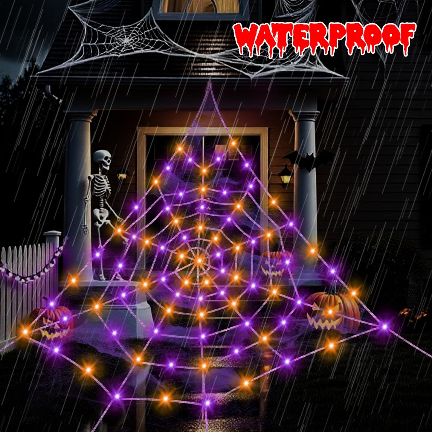 Spider Webs Halloween Decorations Outdoor, 260 Purple and Orange with 8 Modes Waterproof, Spider Web Decoration Outdoor Halloween Decor