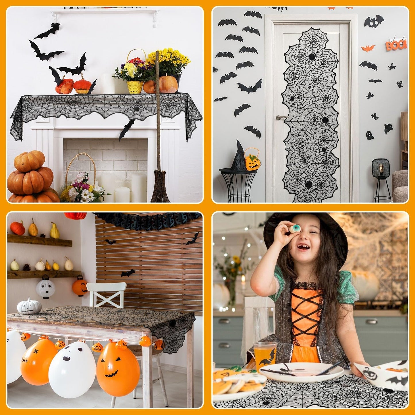 DTOFOOT 4 Pack Halloween Table Runner, 18 x 72 Inch Black Lace Spider Web Table Runner for Halloween Decorations Gothic Cobweb Tablecloth for Dining Table Fireplace Mantel Party Decor