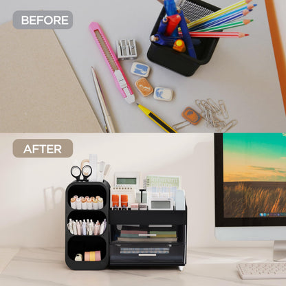 HBlife Desk Organizer with Pen Pencil Holder for Desk, Pen Organizer with 2 Drawers, Desk Organizers and Accessories with 4 Compartments, Desktop Storage for Office Home School Art Supplies, Black