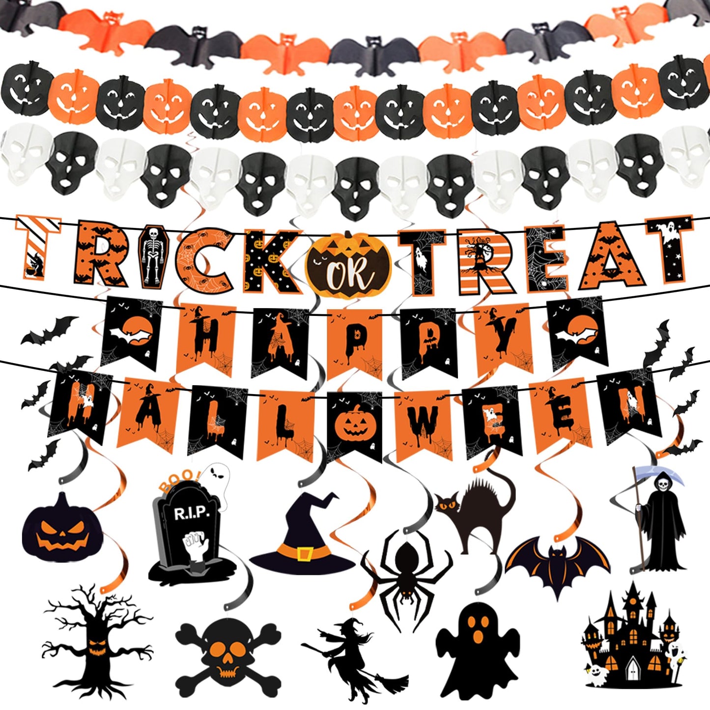 18 Pcs Halloween Party Decorations, Reusable Halloween Decor Indoor, Decorations Kit Included Happy Halloween Banner, Trick or Treat Banner, Ghost Pumpkin Ceiling Hanging Swirls Streamers