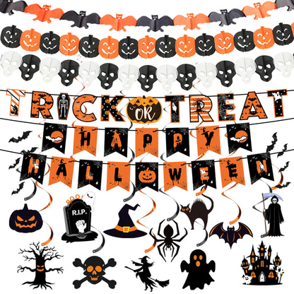 18 Pcs Halloween Party Decorations, Reusable Halloween Decor Indoor, Decorations Kit Included Happy Halloween Banner, Trick or Treat Banner, Ghost Pumpkin Ceiling Hanging Swirls Streamers