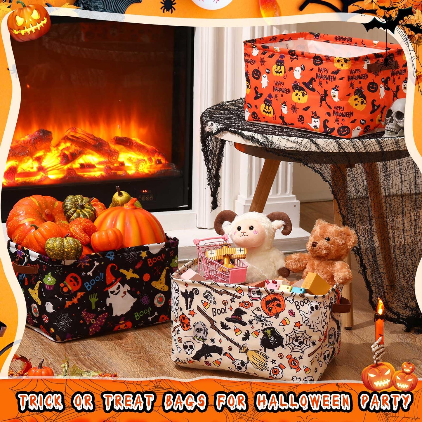 Boao 3 Pack Halloween Ghost Basket with Handles Collapsible Large Canvas Storage Baskets Boo Spooky Skull Pumpkin Cat Foldable Storage Bins Organizer Bins for Trick or Treat Gifts Bedroom Home Office