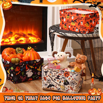Boao 3 Pack Halloween Ghost Basket with Handles Collapsible Large Canvas Storage Baskets Boo Spooky Skull Pumpkin Cat Foldable Storage Bins Organizer Bins for Trick or Treat Gifts Bedroom Home Office