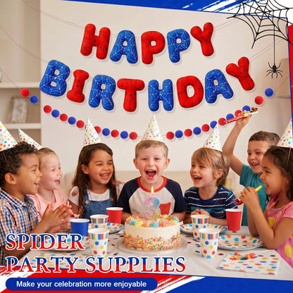 Pre-strung 3D Spider Happy Birthday Banner with Pom Pom Garland Reusable Spider Web Felt Sign for Cartoon Birthday Decorations Movie Hanging Bunting Party Supplies Photo Prop