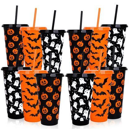 Whaline 12 Pcs Halloween Plastic Tumbler with Lids Straws Pumpkin Ghost Bats Reusable Cups 24oz Black Orange Travel Mug Cups for Iced Coffee Drinks Holiday Horror Party Supplies