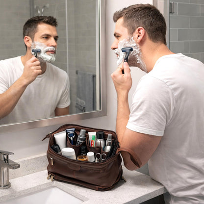 cuero Premium Genuine Leather Toiletry Bag for Men – Large Double Layer Travel Dopp Kit with Zipper Compartments,Lining & Handle – 9.5” Travel Shaving Organizer