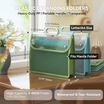 ABC life Clear Plastic Expanding File Folder with Handle, Portable File Organizer for Letter/A4 & Manila Folders, Large-Capacity Accordion File with Inner Mesh Pocket for Home, Office & School, 2 Pack