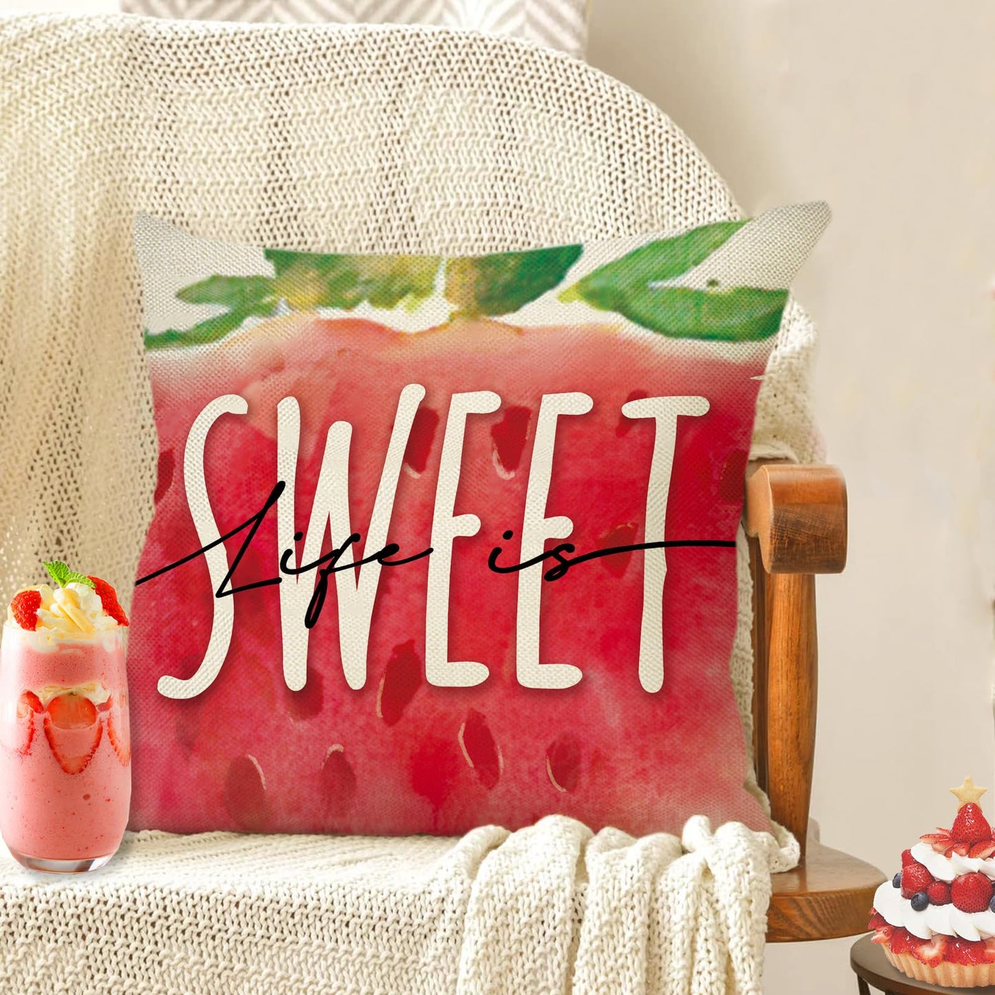 Ussap Spring Summer Strawberry Decorative Throw Pillow Covers 20 x 20 Set of 4, Life is Sweet Red Fruit Cushion Case Decor, Sweet Berry Seasonal Home Decoration for Sofa Couch