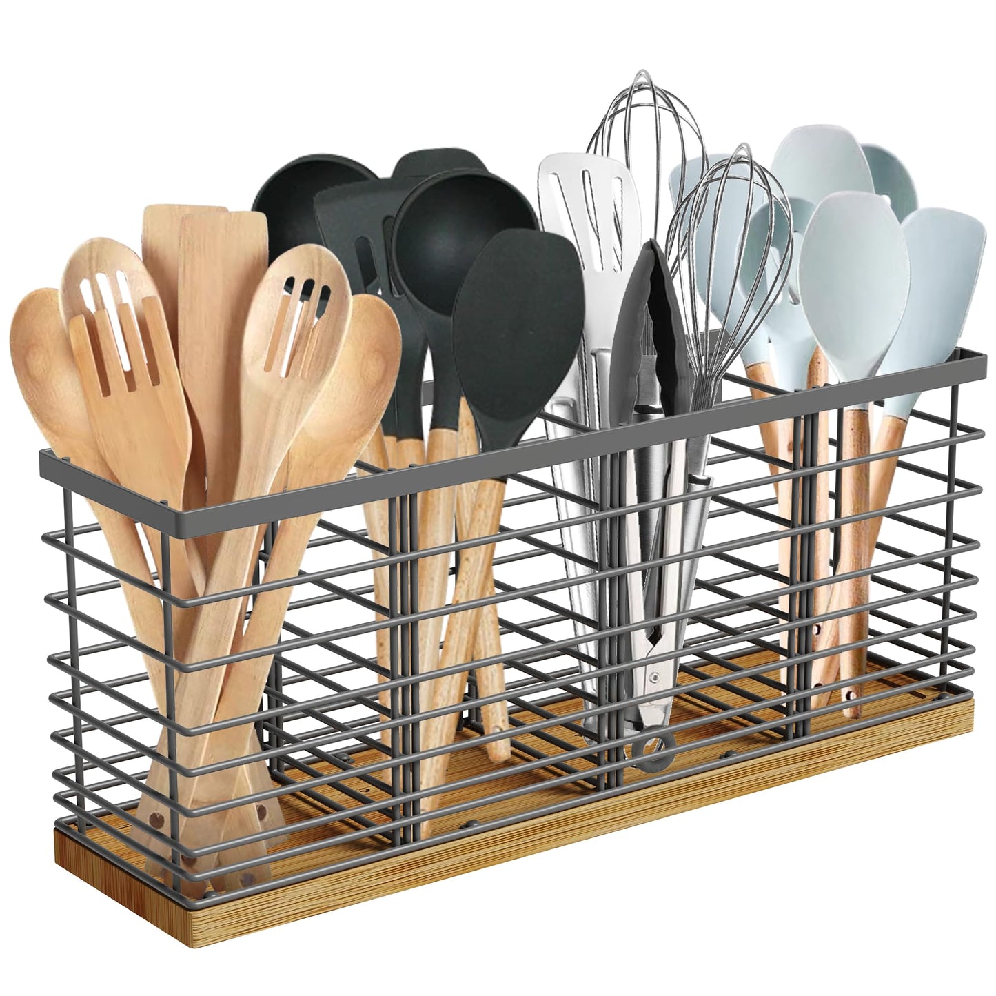 Suli Extra Large Kitchen Utensil Holder Countertop with 4 Compartments,Grey Metal holder with Wooden Base for Countertop,Farmhouse Utensil Organizer for counter,Rustic Cooking Utensil Organizer