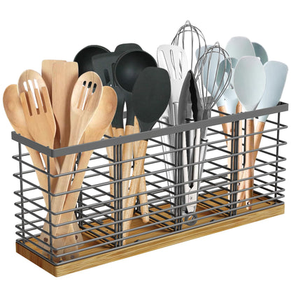Suli Extra Large Kitchen Utensil Holder Countertop with 4 Compartments,Grey Metal holder with Wooden Base for Countertop,Farmhouse Utensil Organizer for counter,Rustic Cooking Utensil Organizer