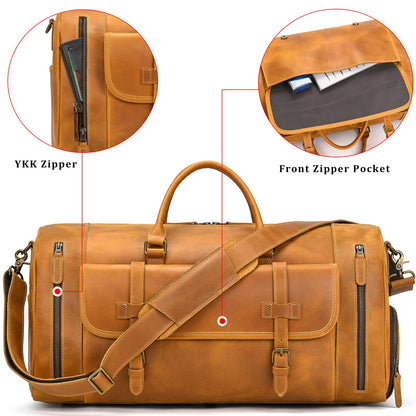 Leather Travel Duffle Bag, Vintage 23" Thick Full Grain Cowhide Travel Bags Leather Overnight Luggage YKK Zipper