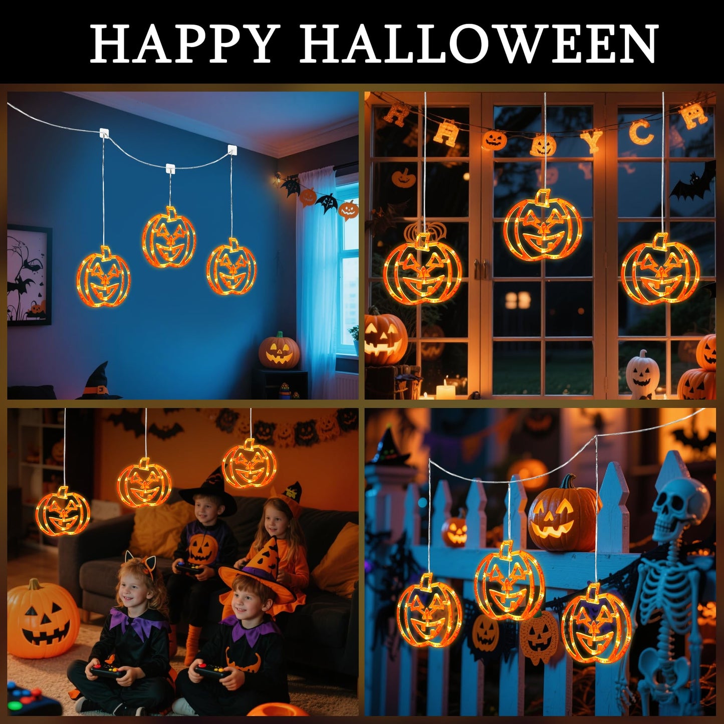 Qunlight Halloween Window Lights,3 Pack 48LED Pumpkin String Light with Battery Operated,Timer Memory Hanging Orange Halloween Light for Spooky Decor Outdoor Indoor Curtain Home Party Gift