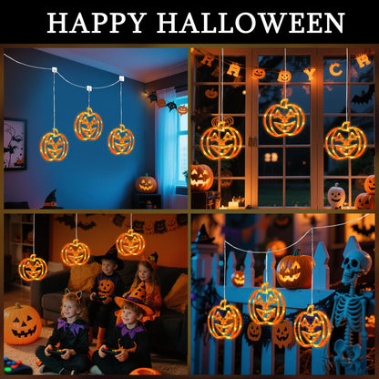Qunlight Halloween Window Lights,3 Pack 48LED Pumpkin String Light with Battery Operated,Timer Memory Hanging Orange Halloween Light for Spooky Decor Outdoor Indoor Curtain Home Party Gift