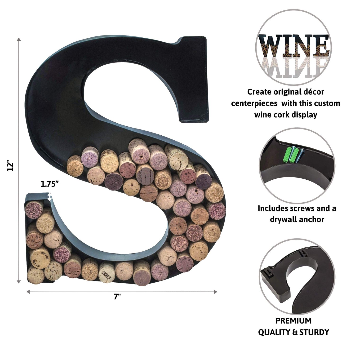 Made Easy Kit Metal Letter Wine Cork Keepsake Saver & Holder Monogram w/Free Wall Mount Kit A-Z (Letter A, Large)