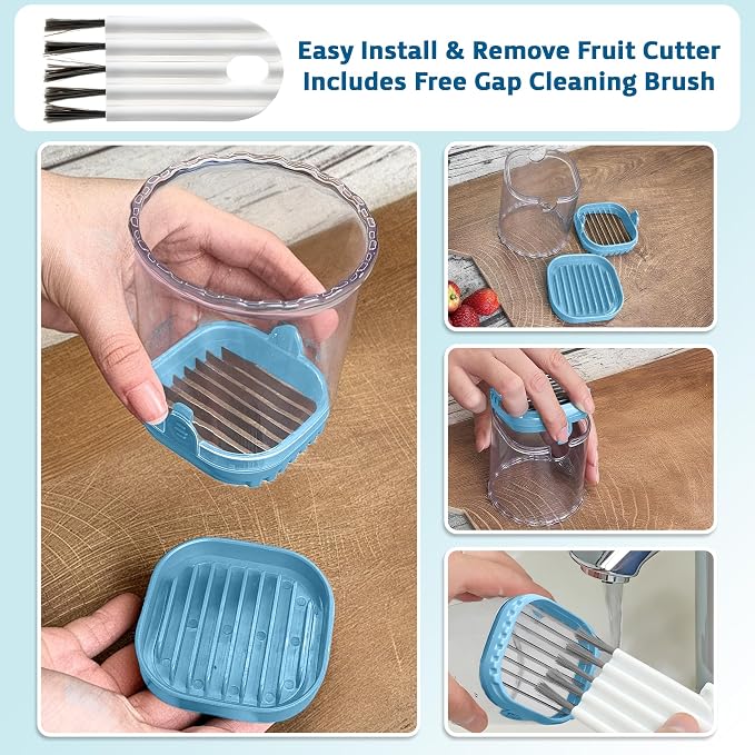 Strawberry Slicer Cup with Push Plate, Fruit Cutter Kitchen Gadget for Egg, Kiwi, Banana, Cucumber, Easy Fruit & Vegetable Slicer, Strawberry Cutter Tool for Quick Safe Cutting (Blue)