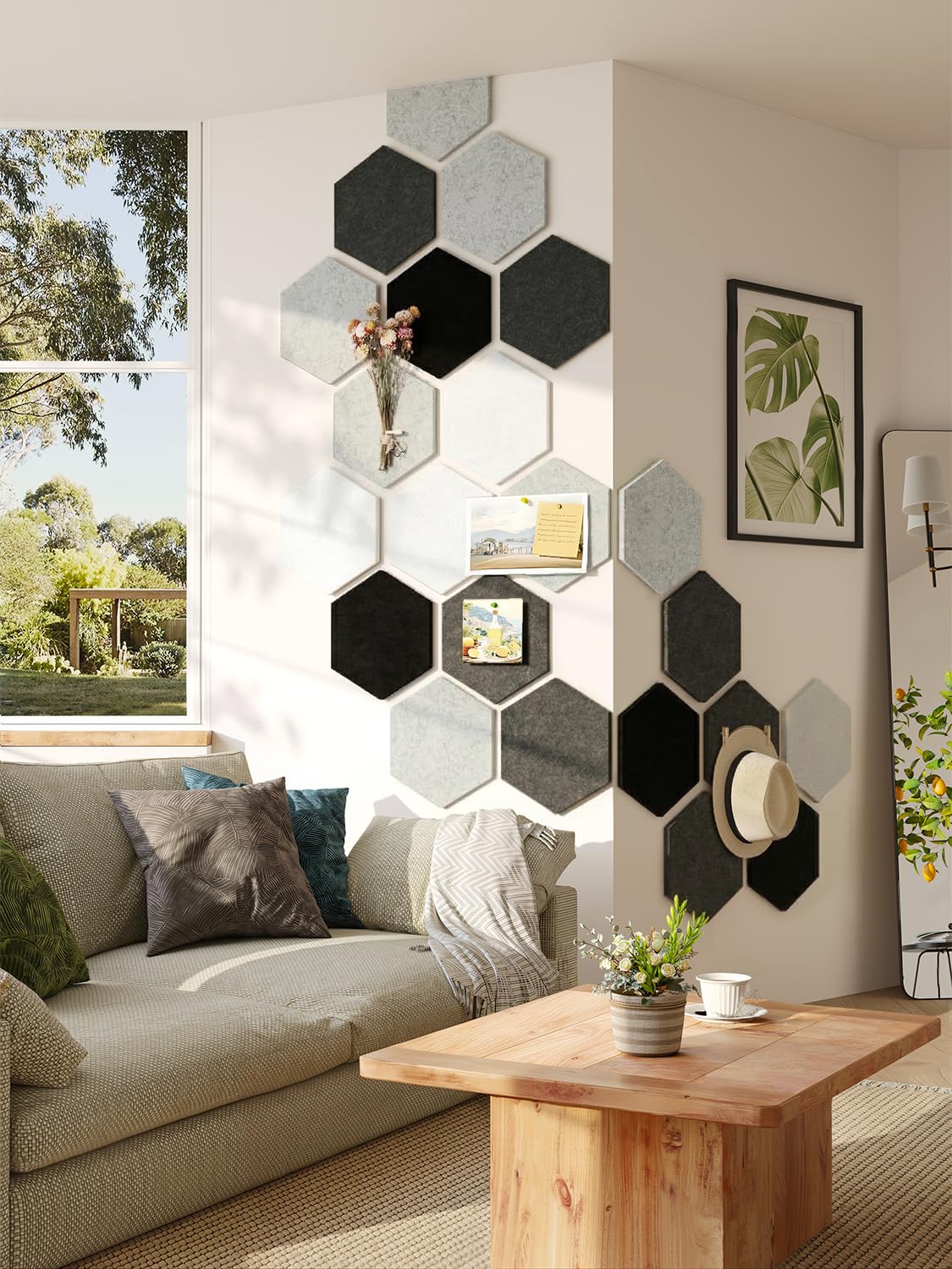Uoisaiko 8 Pack Hexagon Felt Bulletin Board Tiles - 12" Large Thick Pin Board for Walls with 30 Push Pins, DIY Boards for Office Home School Decor, Aesthetic Hex Cork Board Alternative