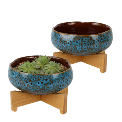Qijoys 2 Pcs Lotus Bowl Planter with Base Ceramic Hydroponic Planter Water Lily Bowl for Planting Aquatic and Indoor Plants Household Ceramic Basin Decor(Blue)