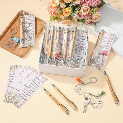 Spakon 10 Sets Fathers Day Christian Gifts Bulk Bible Verse Bamboo Pen Christian Floral Keychain Inspirational Bookmark Religious Church Gift for Church Members Women Sunday School Teacher (Bible)