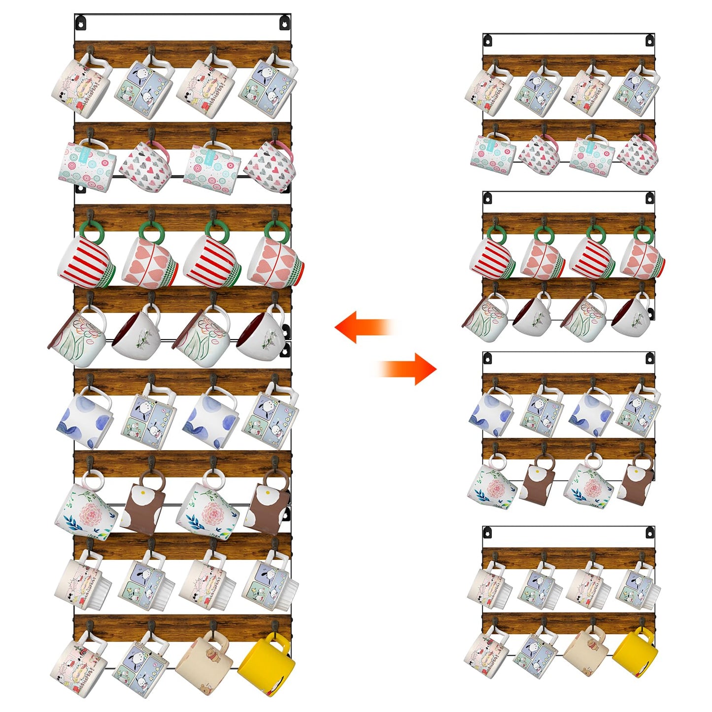 Rustic Wood Coffee Mug Rack - Wall Mount Cup Holder Shelf Storage for Kitchen, Home, Bar, Office (4 Pack, Holds 32 Mugs)